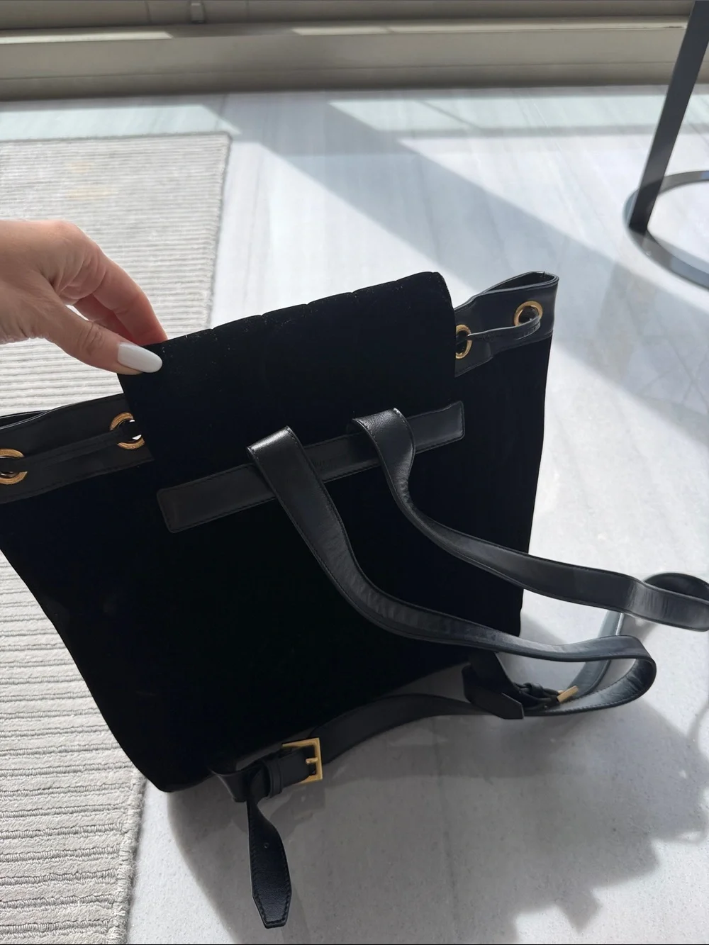 Saint Laurent Black Velvet Backpack with Gold YSL Logo